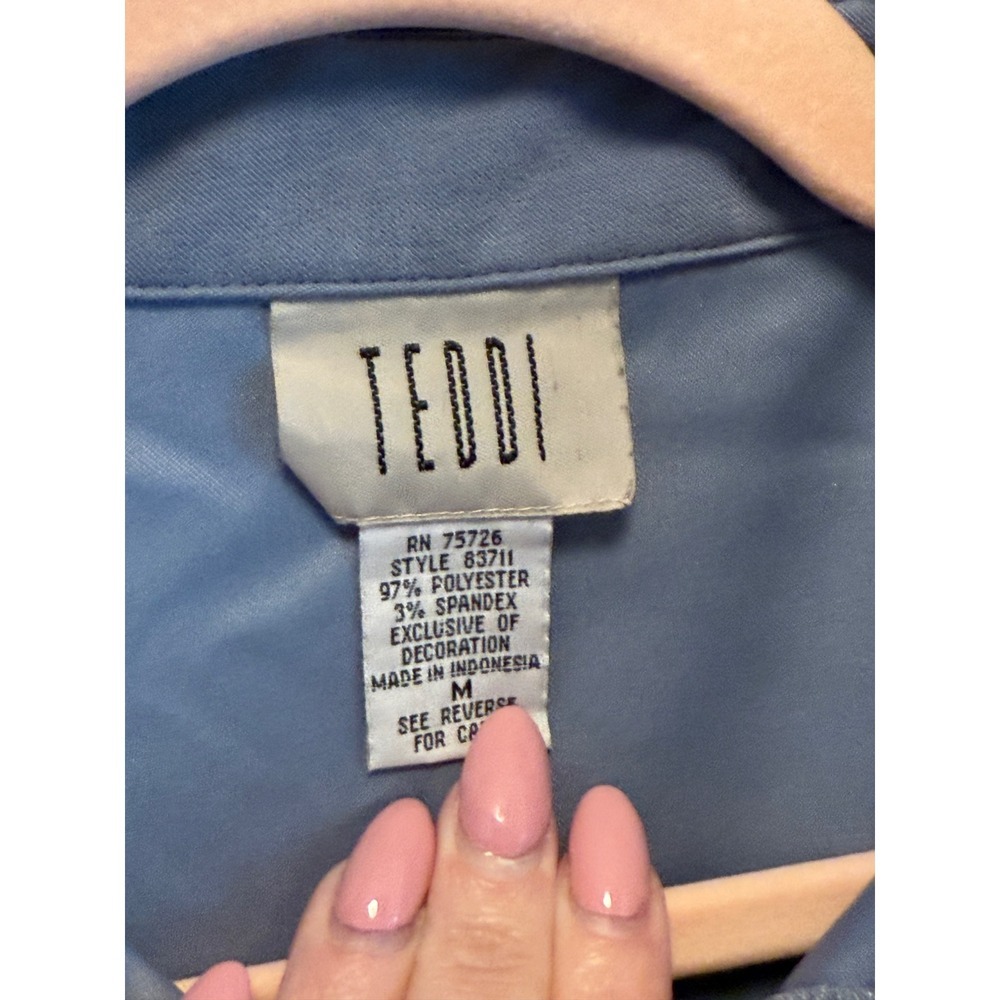 Vintage 90s Teddi Blue Brushed Floral Embroidered Button Front Blouse Top - Picture 3 of 5